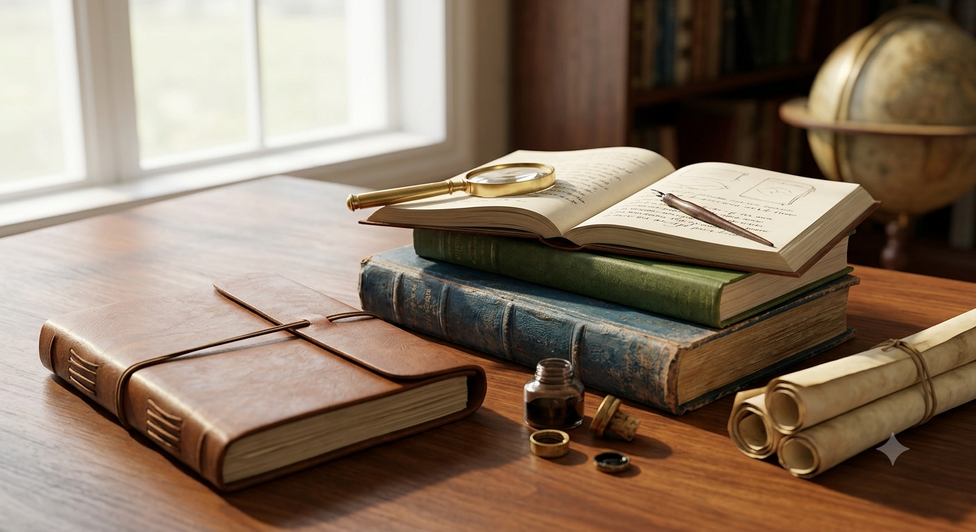 Academic Materials, Vintage Leather Journals and Scrolls, human free